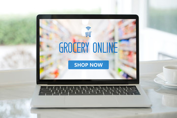 Grocery online shop to order food delivery from supermarket, Shopping grocery store online on laptop computerscreen, electronic marketing, e commerce business concept