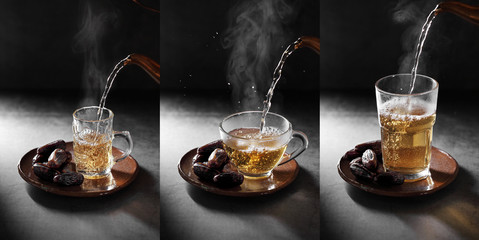 Arab tea and dates fruit  on a concrete background with a blank space for a text