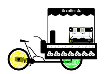 Van, bike for the street sale of coffee. Visiting trade. Illustration in a linear style. Isolated vector on white background