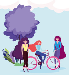eco friendly transport, group with women and bike outdoors cartoon