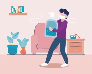 man holding a antibacterial bottle coronavirus, colorful design