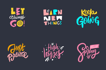 Scandinavian typoraphy lettering phrases set. Colorful vector illustration. Isolated on black background.