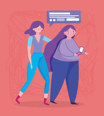 people and smartphone, woemn walking using mobile device digital cartoon