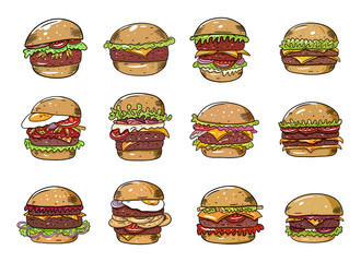 Burgers big set. Flat colorful vector illustration. Isolated on white background.