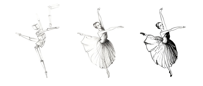 Studies of drawing of dancing ballerina