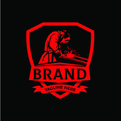 Welding company badge logo design, stand welder emblem logo