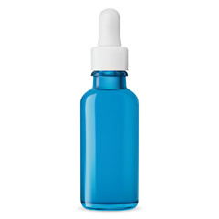 Dropper bottle mockup. Aging collagen cosmetic blue color glass vial mock up. Clear vape flask isolated on white. Essential oil 3d flacon design