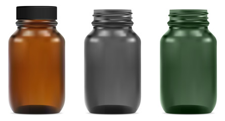 Glass bottle. Medical jar mockup with plastic cap in brown, green and black. Syrup vial transparent blank template isolated on white. Amber pharmacy drug package. 3d vector illustration