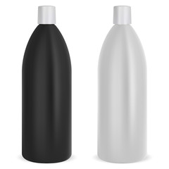 Shampoo bottle set. Black and white plastic mockup package. Realistic 3d cosmetic container for hair or skin care product. Oval tube bath collection mockup. Health and beauty pack template