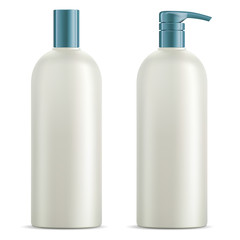 Cosmetic bottle set. Shampoo, shower gel package blank. Plastic 3d container with pump dispenser for luxury skin care oil or soap isolated on white background. Clear and empty template mockup