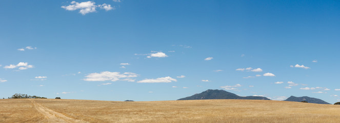 panorama of recently harvested farm fields with the Grampians mountains rising in the distance on...