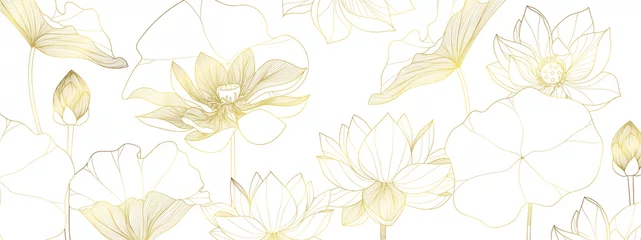 Schilderijen op glas luxury lotus wallpaper design vector, lotus line arts, Golden Lotus flowers patterns design for packaging background, print, packaging, natural cosmetics, health care, invitation, cards. © TWINS DESIGN STUDIO