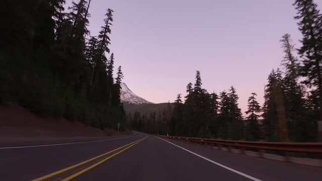 Driving Around Curve, Reveal Of Mt. Hood, During Autumn At Sunset In Oregon, Usa
