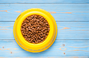 Dog food in yellow plastic bowl on wooden plank