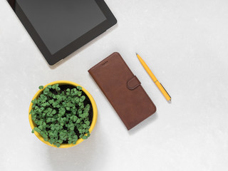 Flat lay composition. Workplace accessories for working online. Tablet, phone, pen and flower pot with fresh microgreen basil on a white background. Online education or business concept