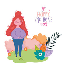 happy mothers day, woman flowers garden nature cartoon card