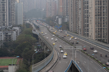 Chongqing, China - Dec 20, 2019: Traffice on elevated road in the morning