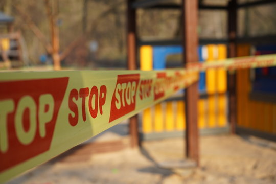 Children playground in the park closed due to virus pandemic