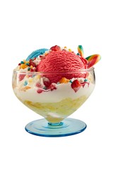 Rainbow ice-cream dessert on white background