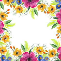 Watercolor frame with summer flowers and leaves on a white background