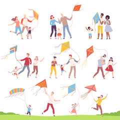 Fototapeta na wymiar Happy Families Playing Kites Collection, Mothers, Fathers and their Kids Launching Kite at Festival, Outdoor Recreational Activities Vector Illustration