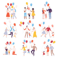 Families Walking with Colorful Balloons Collection, Happy Mothers, Fathers and their Kids Celebrating Holidays Vector Illustration