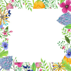 frame with spring flowers and leaves, easter eggs on a white background