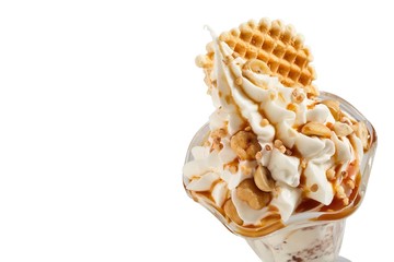 Twirl of soft serve vanilla ice cream with nuts
