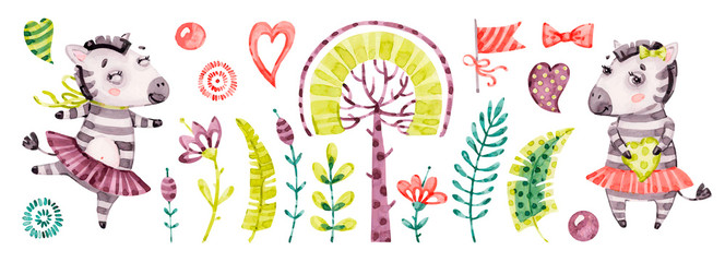 Baby cute zebra girl. Vector Watercolor nursery cartoon jungle animals horse, tropical trees, leaves. Adorable Nurseries safari set isolated on white background. Hand painted watercolour baby clip art