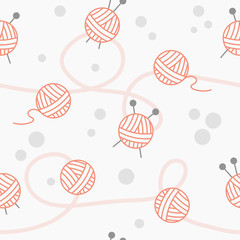 Seamless knitting repeat background. Yarn balls, thread and needles. 