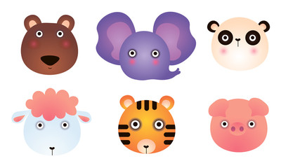 Set of different colorful cute animal portraits. Vector illustration in flat cartoon style.