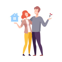 Happy Family Couple Bought New House, People Buying or Renting Real Estate Vector Illustration