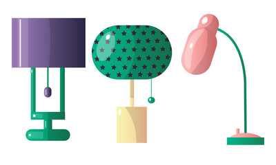 Set of three table lamps of different shapes and colors. Vector illustration in flat cartoon style.