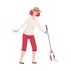 Young Woman Collecting Plastic Trash with Eco Friendly Tool, Female Volunteer Picking Garbage Outdoors Vector Illustration