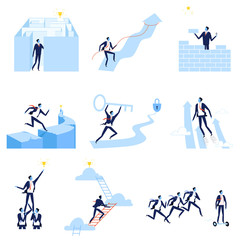 Successful Businessmen Overcoming Obstacles Towards Goals Set, Path to Success, Leadership, Competition, Challenge Vector Illustration