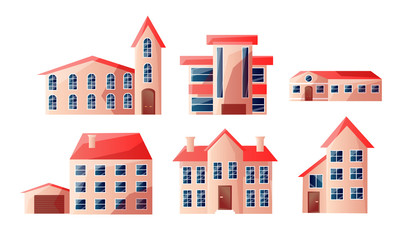 Set of modern beautiful urban multi-story houses with red roofs in different shapes. Vector illustration in flat cartoon style.