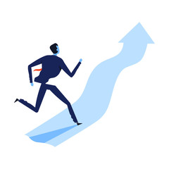 Fototapeta na wymiar Successful Businessman in Suit Running up the Arrow, Path to Success, Leadership Vector Illustration