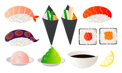 Set of Japanese food with sushi chopsticks and bowls with wasabi soy. Vector illustration in flat cartoon style.