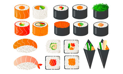 Set of Japanese food with sushi chopsticks and bowls with wasabi soy. Vector illustration in flat cartoon style.