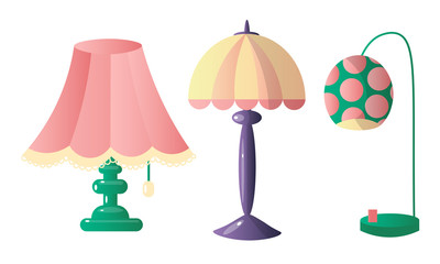 Set of three table lamps of different shapes and colors. Vector illustration in flat cartoon style.