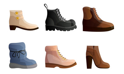 Set of modern types of stylish winter shoes in different shapes. Vector illustration in flat cartoon style.