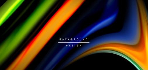 Abstract silk smooth lines on black, multicolored liquid fluid rainbow style waves on black