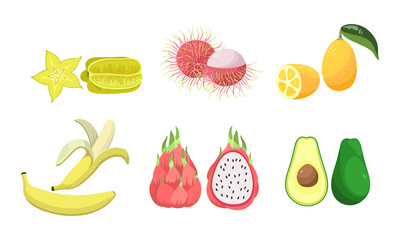 Set of two slices carambola, rambutan, lemon, banana, pitaya, avocado. Vector illustration in flat cartoon style.