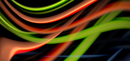 Abstract silk smooth lines on black, multicolored liquid fluid rainbow style waves on black