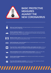 New coronavirus prevention poster design. Basic protective measures against the Covid-19. Information graphic with useful icons. Virus awareness poster design. Covid-19 pandemic.