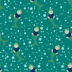 Cartoon cute neptune the god of the sea. Vector illustration in a flat style. Seamless pattern.