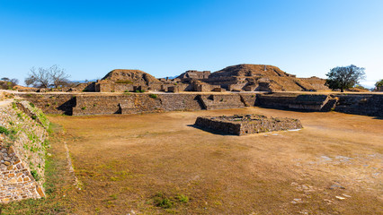 Panorama of major pyramids and square in the zapotec site of Monte Alban, Oaxaca, Mexico.