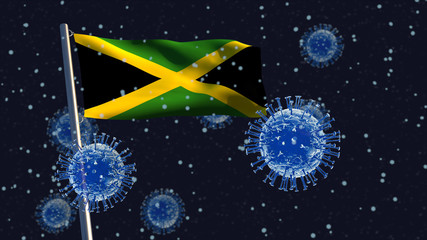 Obraz na płótnie Canvas 3D illustration concept of a Jamaican flag waving on a flagpole with coronaviruses in the background and foreground.