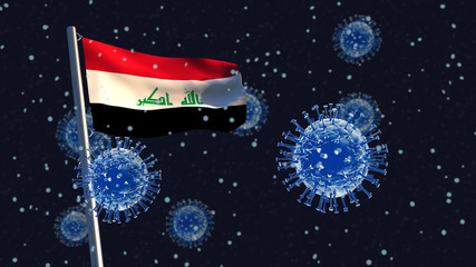 Obraz na płótnie Canvas 3D illustration concept of an Iraqi flag waving on a flagpole with coronaviruses in the background and foreground.