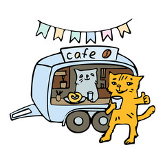 Food truck. Coffee, cats. Vector illustration. Hand drawn. Isolated on a white background.